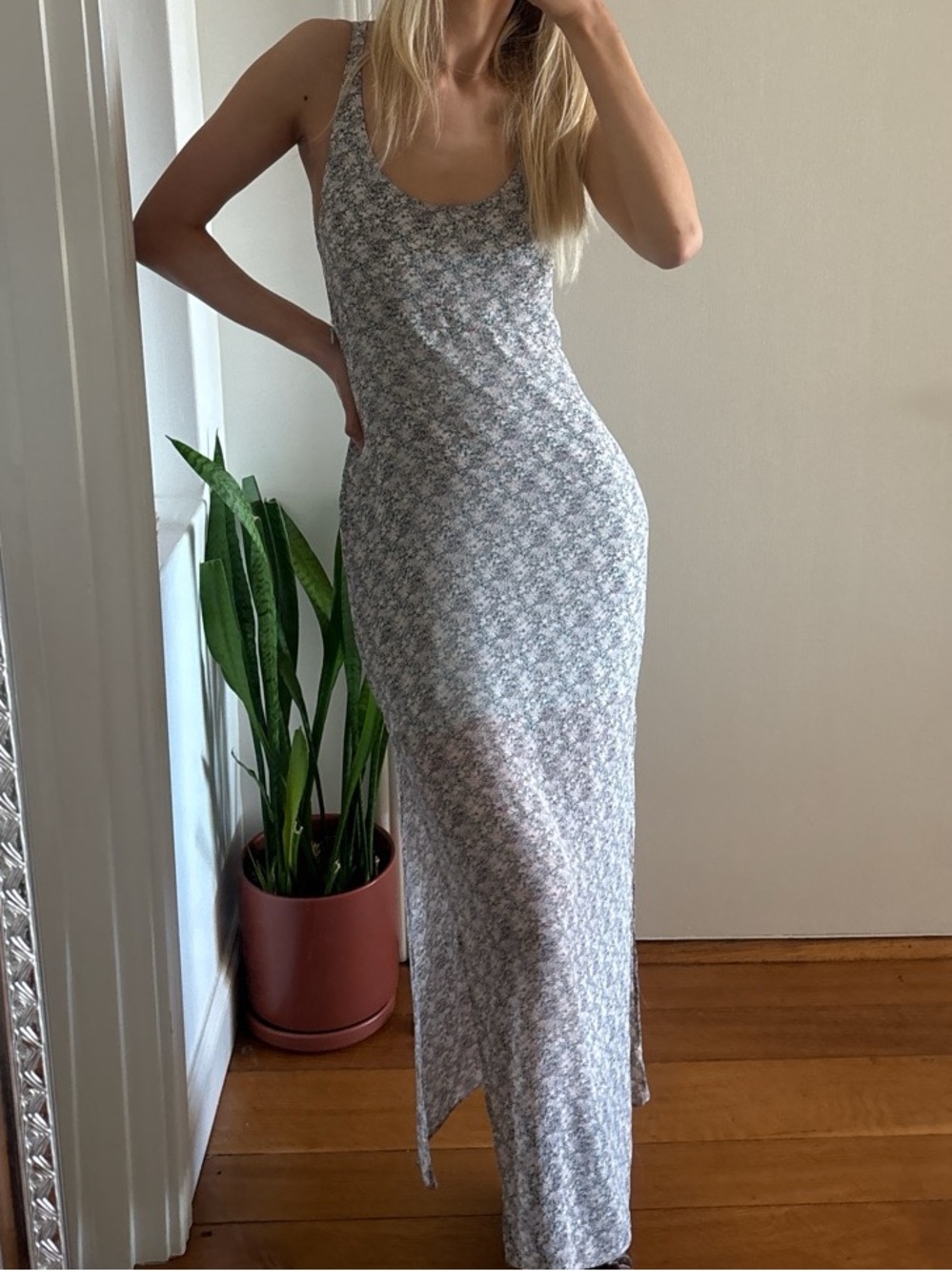 For Love And Lemons Scoop Neck Floral Maxi Dress in Gray and White